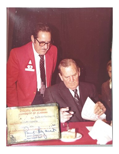 A photo provided to the 117th Air Refueling Wing Public Affairs Office on February 5, 2024, at Sumpter Smith Joint National Guard Base, Birmingham, Alabama. The photo shows the late U.S. Navy Lt. Col. and football player turned infamous Alabama football coach, Paul "Bear" Bryant, with U.S. Army and World War ll veteran Millard "Bo" Carwyle. (U.S. Air Force Courtesy Photo)