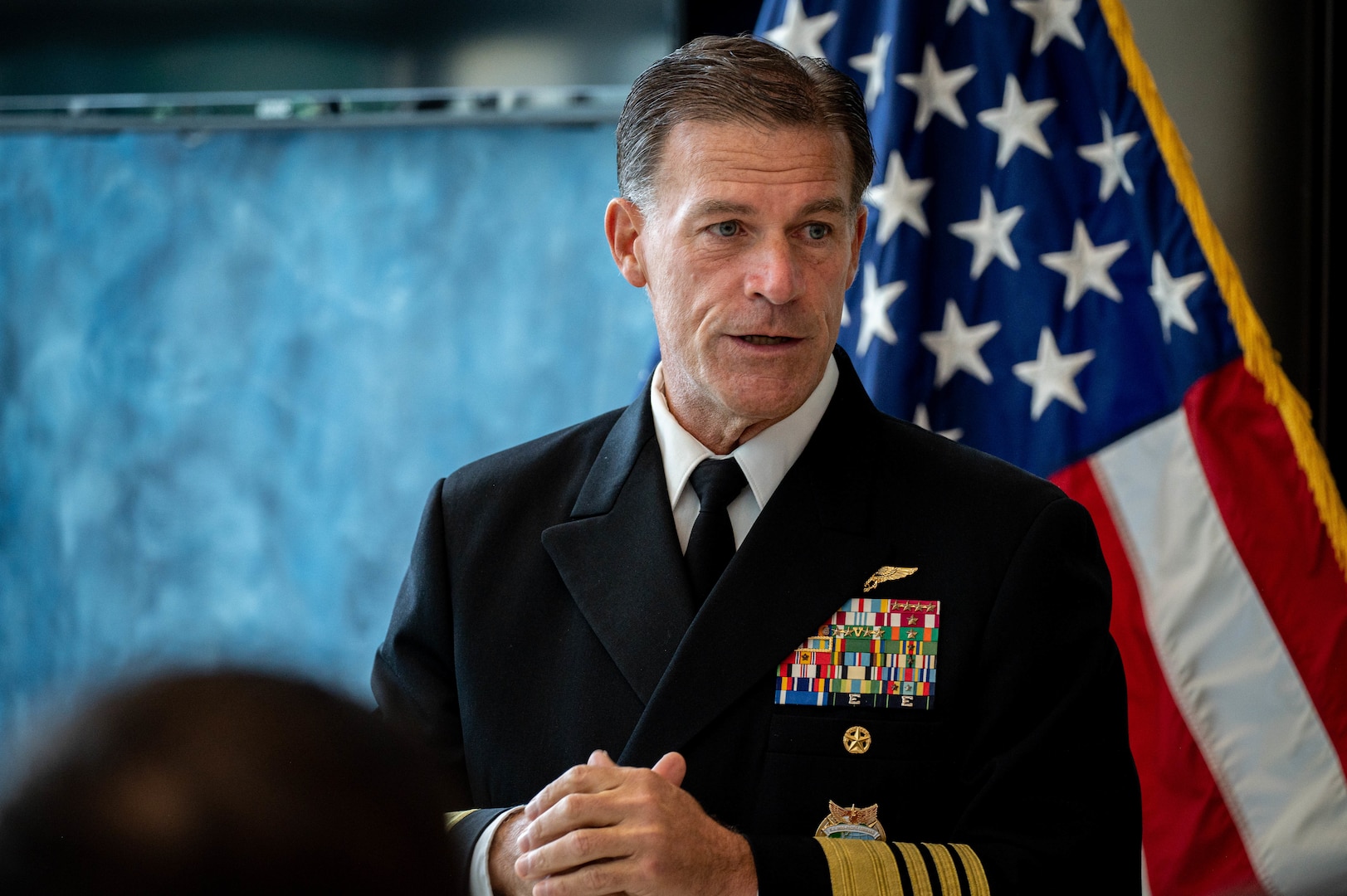 Adm. John C. Aquilino, Commander of U.S. Indo-Pacific Command, speaks at a ceremony to present Air Marshal Kevin R. Short, New Zealand Defense Force Chief of Defence Force, with the Legion of Merit at the U.S. Embassy in Wellington, New Zealand, on April 6, 2024. The Legion of Merit is the highest accolade that the U.S. can bestow upon a foreign leader; it is reserved for individuals who have shown exceptionally meritorious conduct in the performance of outstanding services. USINDOPACOM is committed to enhancing stability in the Indo-Pacific region by promoting security cooperation, encouraging peaceful development, responding to contingencies, deterring aggression and, when necessary, fighting to win. (U.S. Navy photo by Chief Mass Communication Specialist Shannon M. Smith)