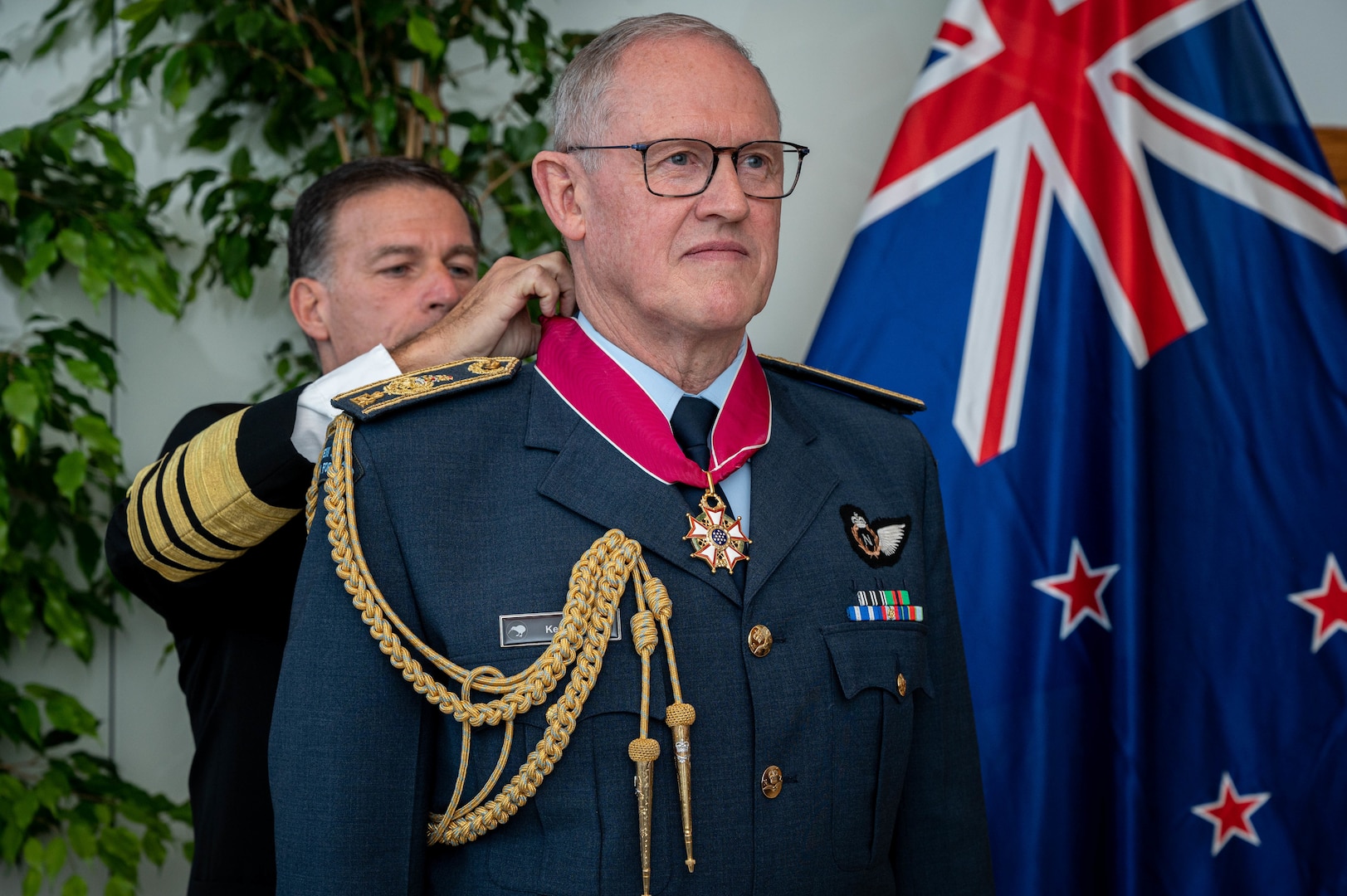 Air Marshal Kevin R. Short, New Zealand Defense Force Chief of Defence Force, receives the Legion of Merit pinned by Adm. John C. Aquilino, Commander of U.S. Indo-Pacific Command, in Wellington, New Zealand, on April 6, 2024. The Legion of Merit is the highest accolade that the U.S. can bestow upon a foreign leader; it is reserved for individuals who have shown exceptionally meritorious conduct in the performance of outstanding services. USINDOPACOM is committed to enhancing stability in the Indo-Pacific region by promoting security cooperation, encouraging peaceful development, responding to contingencies, deterring aggression and, when necessary, fighting to win. (U.S. Navy photo by Chief Mass Communication Specialist Shannon M. Smith)