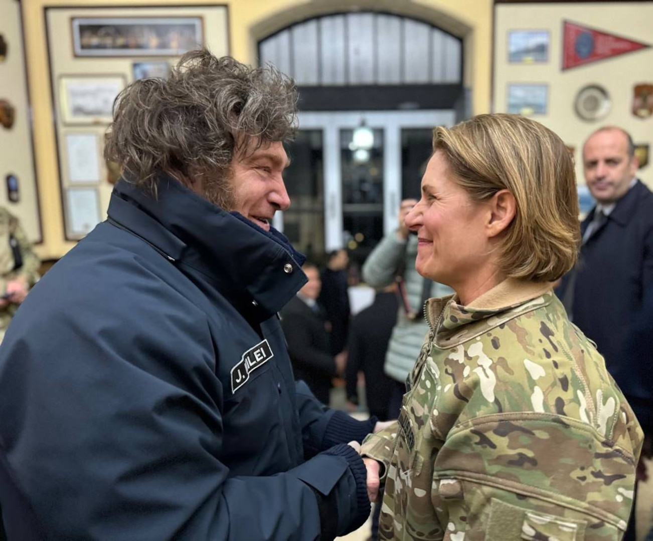 U.S. Army Gen. Laura Richardson, the commander of U.S. Southern Command (SOUTHCOM), is greeted by Argentine President Javier Milei.