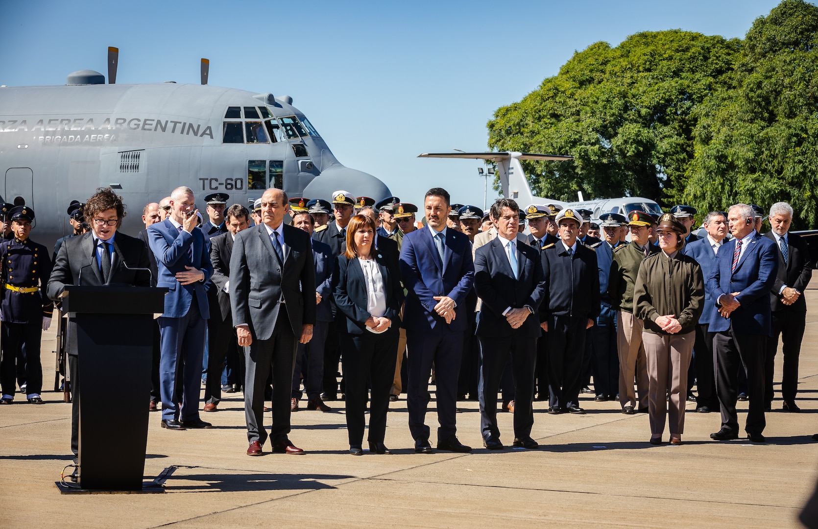Argentine President Javier Milei delivers remarks during a ceremony highlighting the U.S.-provided donation of a C-130H Hercules aircraft .