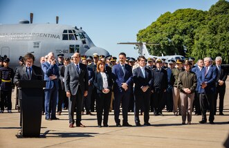 Argentine President Javier Milei delivers remarks during a ceremony highlighting the U.S.-provided donation of a C-130H Hercules aircraft .