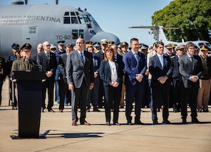 U.S. Army Gen. Laura Richardson, the commander of U.S. Southern Command (SOUTHCOM), delivers remarks during a ceremony highlighting the U.S.-provided donation of a C-130H Hercules.