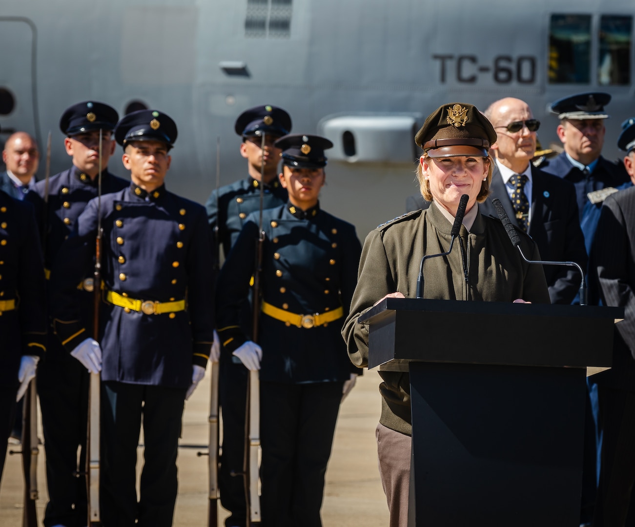 U.S. Army Gen. Laura Richardson, the commander of U.S. Southern Command, delivers remarks during a ceremony highlighting the U.S.-provided donation of a C-130H Hercules aircraft.
