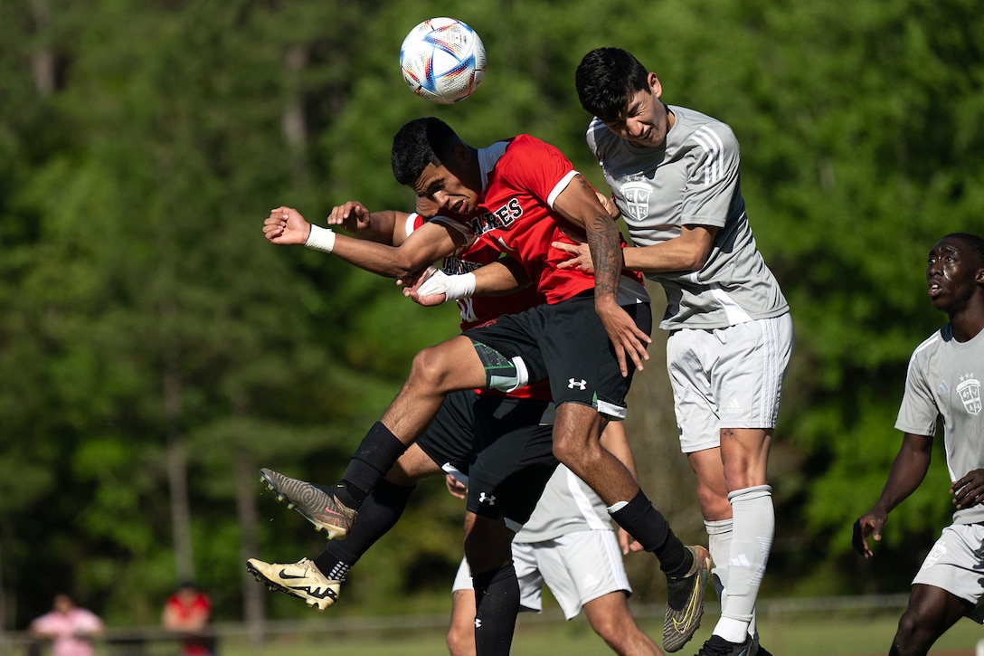 Marine Corps Cpl. Nestor Estradaarmendariz heads the ball during a game against Air Force during the 2024 Armed Forces Soccer Championship in Albany, Ga. April 3, 2024. (DoD photo by EJ Hersom)
