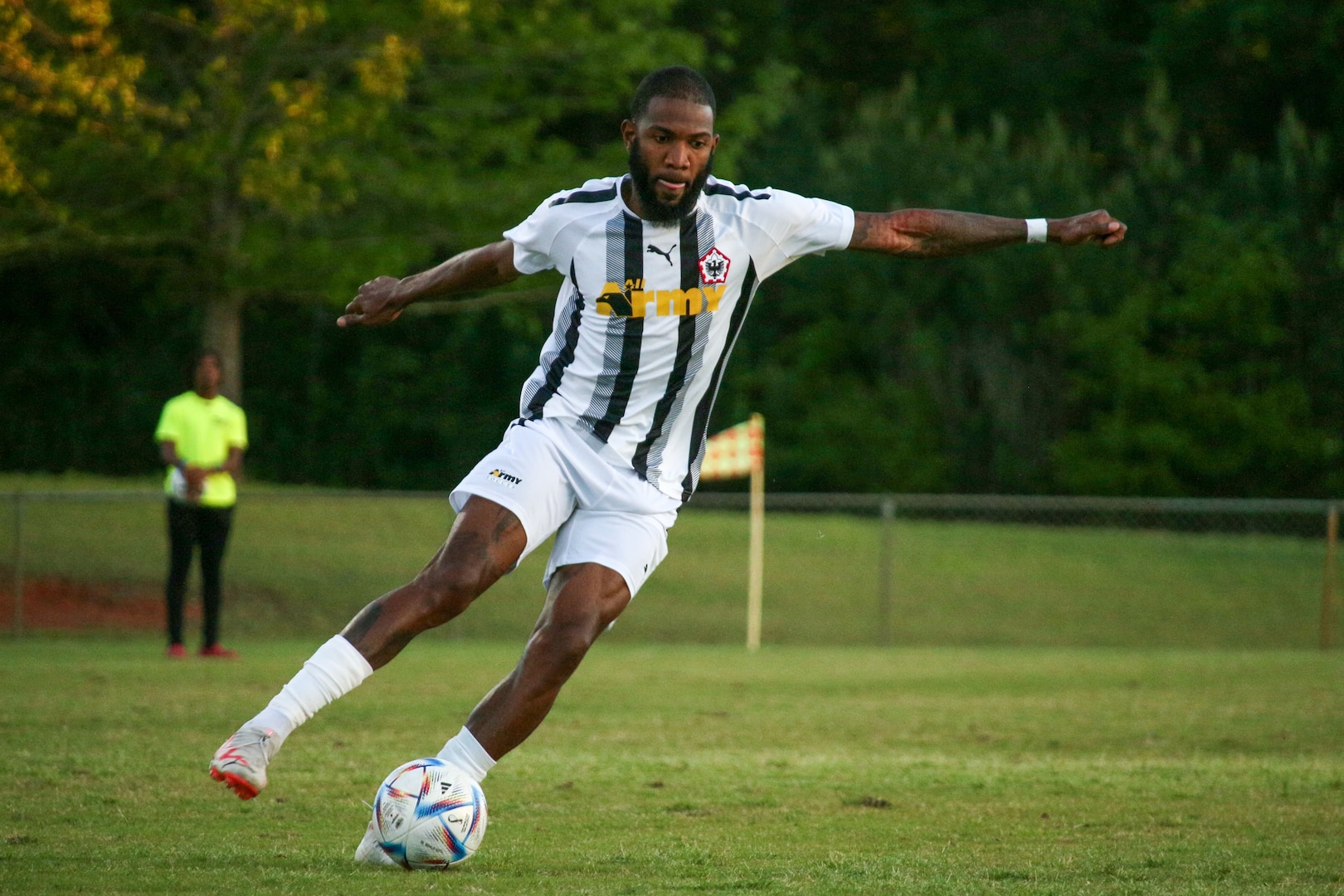 Army Spc. Devante Blake of Joint Base Lewis-McChord, Wash. drives down the field during the 2024 Armed Forces Men's Soccer Championship hosted by Marine Corps Logistics Base Albany, Georgia at Albany State University from April 2-10.  The Armed Forces Championship features teams from the Army, Marine Corps, Navy (with Coast Guard players), and Air Force (with Space Force players).  Department of Defense Photo by Mr. Steven Dinote - Released.