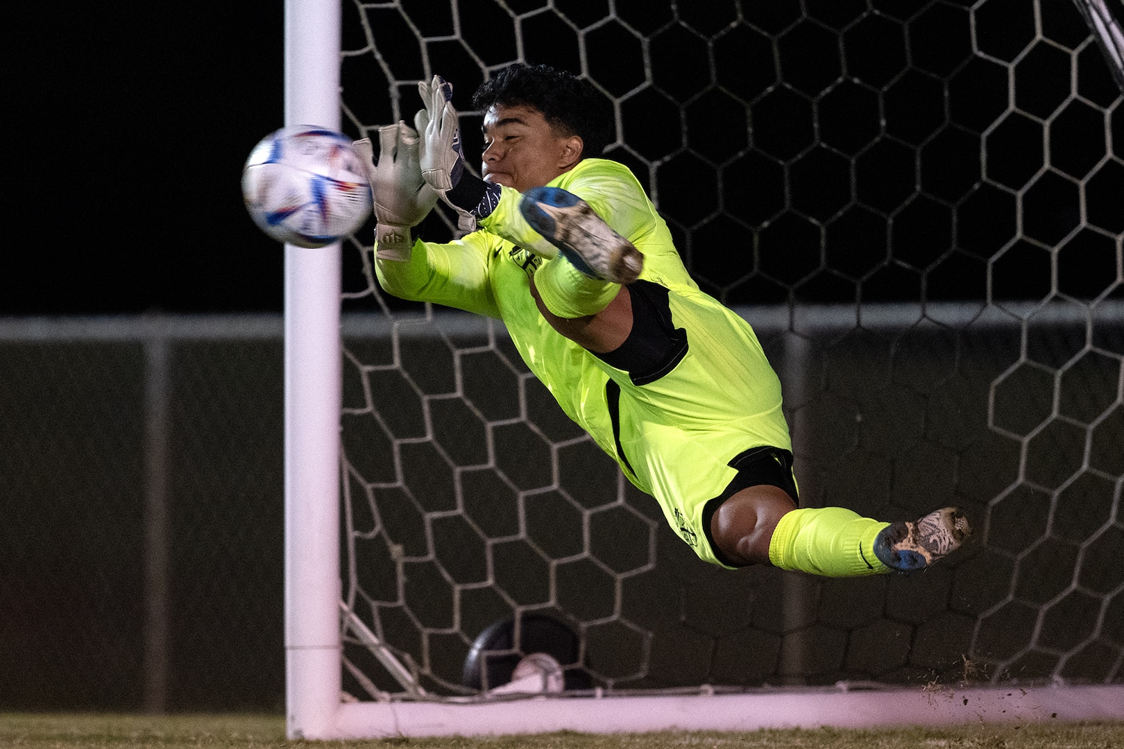 Senior Airman Brian Leyva.Occampa of Nellis AFB, Nevada stops a crucial penalty kick to win the match against Navy during the 2024 Armed Forces Men's Soccer Championship hosted by Marine Corps Logistics Base Albany, Georgia at Albany State University from April 2-10. The Armed Forces Championship features teams from the Army, Marine Corps, Navy (with Coast Guard players), and Air Force (with Space Force players). (DoD photo by EJ Hersom)