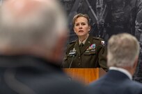 Brig. Gen. Paige M. Jennings, U.S. Army Financial Management Command commanding general, delivers remarks during USAFMCOM’s Vietnam War commemoration at the Maj. Gen. Emmett J. Bean Federal Center in Indianapolis March 25, 2024. The command welcomed home 15 Indiana Vietnam War-era veterans during the ceremony. (U.S. Army photo by Mark R. W. Orders-Woempner)