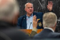 Richard Leirer, who served in the U.S. Army for a decade, including two combat tours in Vietnam with assault helicopter companies, delivers remarks during the U.S. Army Financial Management Command’s Vietnam War commemoration at the Maj. Gen. Emmett J. Bean Federal Center in Indianapolis March 25, 2024. After his Army Service, Leirer had a successful career working as a computer engineer and now volunteers with several veterans’ service organizations. (U.S. Army photo by Mark R. W. Orders-Woempner)