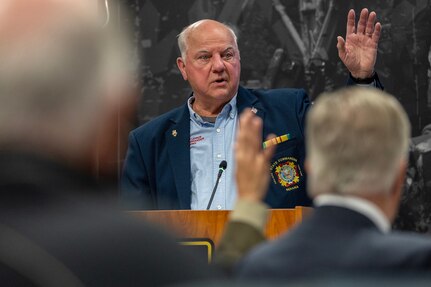 Richard Leirer, who served in the U.S. Army for a decade, including two combat tours in Vietnam with assault helicopter companies, delivers remarks during the U.S. Army Financial Management Command’s Vietnam War commemoration at the Maj. Gen. Emmett J. Bean Federal Center in Indianapolis March 25, 2024. After his Army Service, Leirer had a successful career working as a computer engineer and now volunteers with several veterans’ service organizations. (U.S. Army photo by Mark R. W. Orders-Woempner)