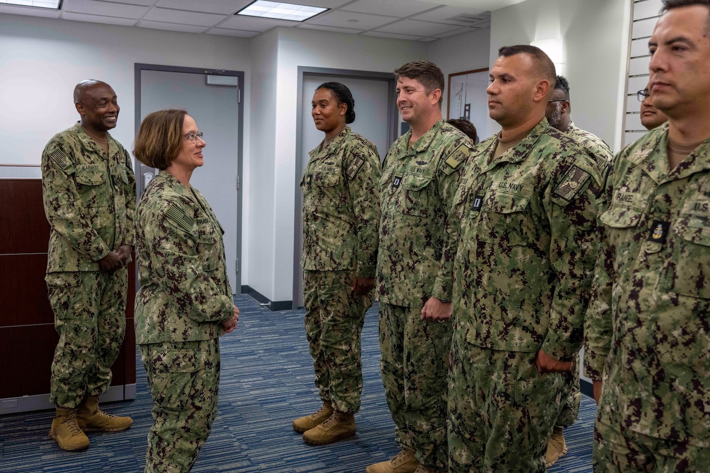 PEARL HARBOR, Hawaii (April 4, 2024) - Chief of Naval Operations Adm. Lisa Franchetti meets with Sailors assigned to Navy Closure Task Force – Red Hill, while visiting Joint Base Pearl Harbor-Hickam, Hawaii, April 4. Her visit reinforces the Navy’s commitment to the safe and enduring closure of the Red Hill Bulk Fuel Storage Facility. (U.S. Navy photo by Chief Mass Communication Specialist Amanda Gray)