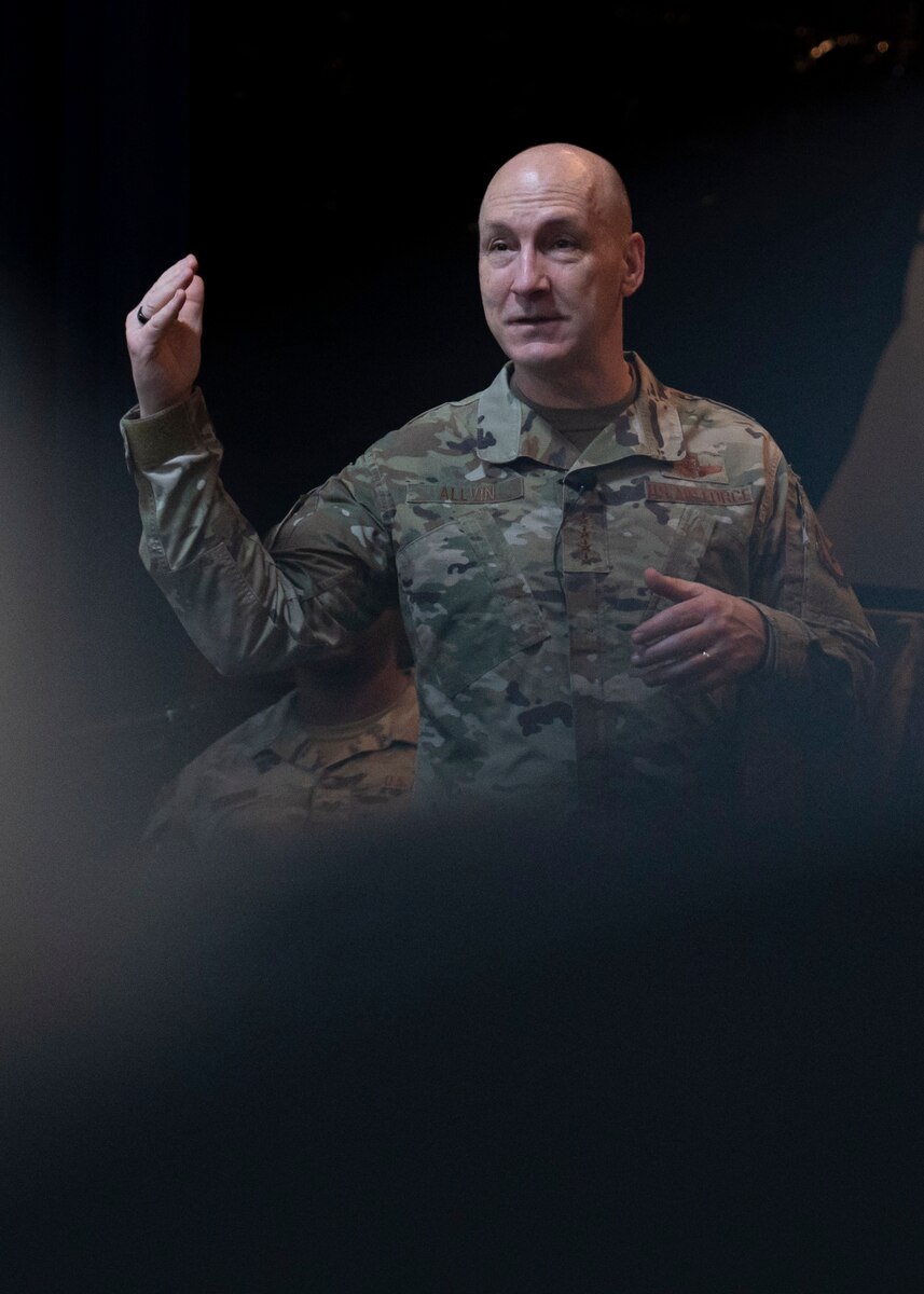 Air Force Chief of Staff Gen. David Allvin speaks to Airmen during an all-call on Andersen Air Force Base, Guam, April 4, 2024. During the all-call, leadership spoke about Andersen’s readiness and proximity to near-peer adversaries, while hearing and responding to Airmen concerns about quality life. (U.S. Air Force photo by Airman 1st Class Spencer Perkins)