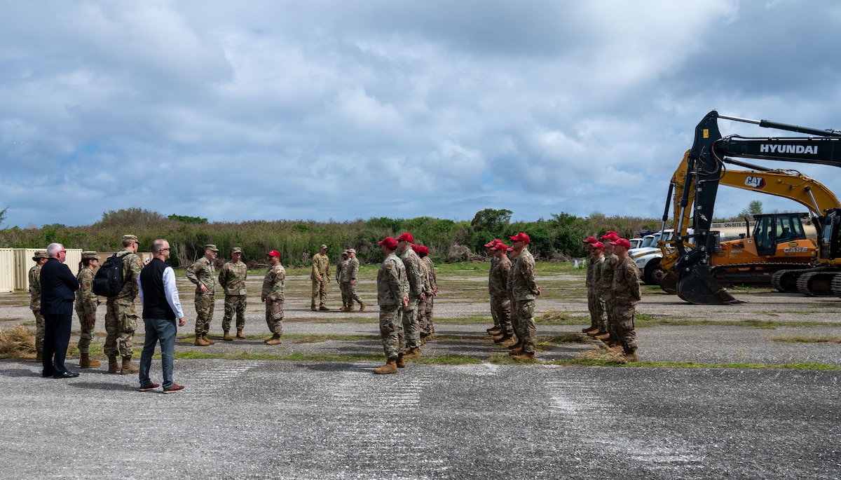 U.S. Air Force Chief of Staff Gen. David Allvin and Chief Master Sergeant of the Air Force David Flosi meet Airmen from the 513th Expeditionary Rapid Engineer Deployable Heavy Operations Repair Squadron Engineers Squadron who have been working to revitalize the airfield on the island of Tinian, April 4, 2024. While in Tinian, leadership gained first-hand knowledge of how the 356th Expeditionary Civil Engineering Group is implementing change to further agile combat employment and how relationships with neighboring islands are paramount to the Air Force’s future success in Great Power Competition. (U.S. Air Force photo by Airman 1st Class Audree Campbell)