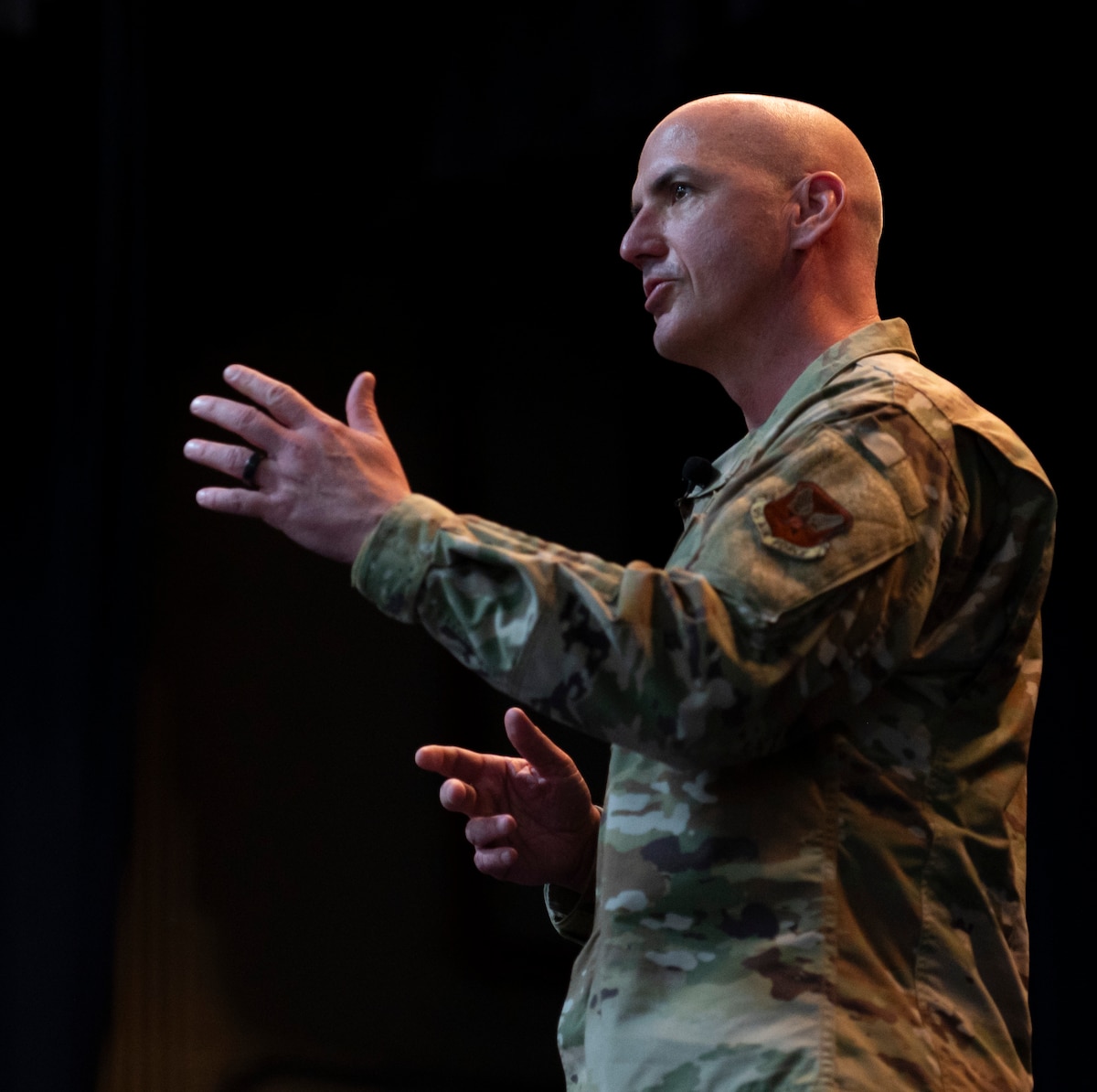 Chief Master Sergeant of the Air Force David Flosi speaks to Airmen during an all-call on Andersen Air Force Base, Guam, April 4, 2024. During the all-call, leadership spoke about Andersen’s readiness and proximity to near-peer adversaries, while hearing and responding to Airmen concerns about quality life. (U.S. Air Force photo by Airman 1st Class Spencer Perkins)