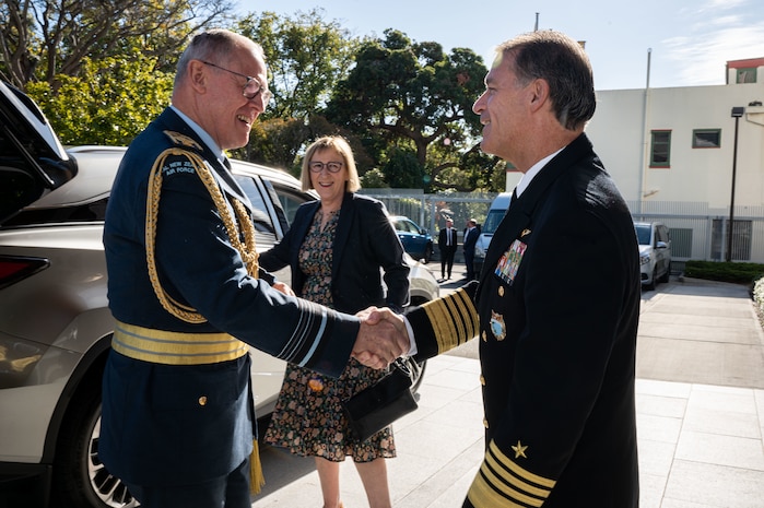Adm. John C. Aquilino, Commander of U.S. Indo-Pacific Command, greets Air Marshal Kevin R. Short, New Zealand Defense Force Chief of Defence Force, before a ceremony to present Short with the Legion of Merit in Wellington, New Zealand, on April 6, 2024. The Legion of Merit is the highest accolade that the U.S. can bestow upon a foreign leader; it is reserved for individuals who have shown exceptionally meritorious conduct in the performance of outstanding services. USINDOPACOM is committed to enhancing stability in the Indo-Pacific region by promoting security cooperation, encouraging peaceful development, responding to contingencies, deterring aggression and, when necessary, fighting to win. (U.S. Navy photo by Chief Mass Communication Specialist Shannon M. Smith)