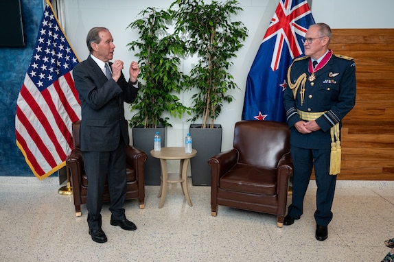 Amb. Thomas Stewart Udall, U.S. Ambassador Extraordinary and Plenipotentiary to New Zealand and to the Independent State of Samoa speaks during a ceremony to present Air Marshal Kevin R. Short, New Zealand Defense Force Chief of Defence Force, with the Legion of Merit in Wellington, New Zealand, on April 6, 2024. The Legion of Merit is the highest accolade that the U.S. can bestow upon a foreign leader; it is reserved for individuals who have shown exceptionally meritorious conduct in the performance of outstanding services. USINDOPACOM is committed to enhancing stability in the Indo-Pacific region by promoting security cooperation, encouraging peaceful development, responding to contingencies, deterring aggression and, when necessary, fighting to win. (U.S. Navy photo by Chief Mass Communication Specialist Shannon M. Smith)
