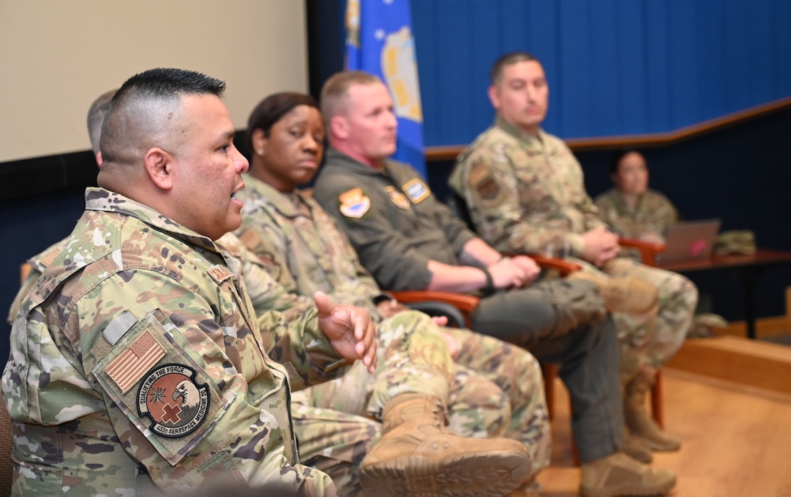 Chief Master Sgt. Johnny Castilleja Jr., 433rd Aerospace Medicine Squadron, responds to an Airman's question during the Chief's Group Panel Discussion at Joint Base San Antonio-Lackland, Texas, April 7, 2024. The senior enlisted leaders hosted the event during the April Unit Training Assembly, encouraging open dialogue and bridging the gap between the senior enlisted leaders and Alamo Wing Airmen. (U.S. Air Force photo by Master Sgt. Mike Lahrman)