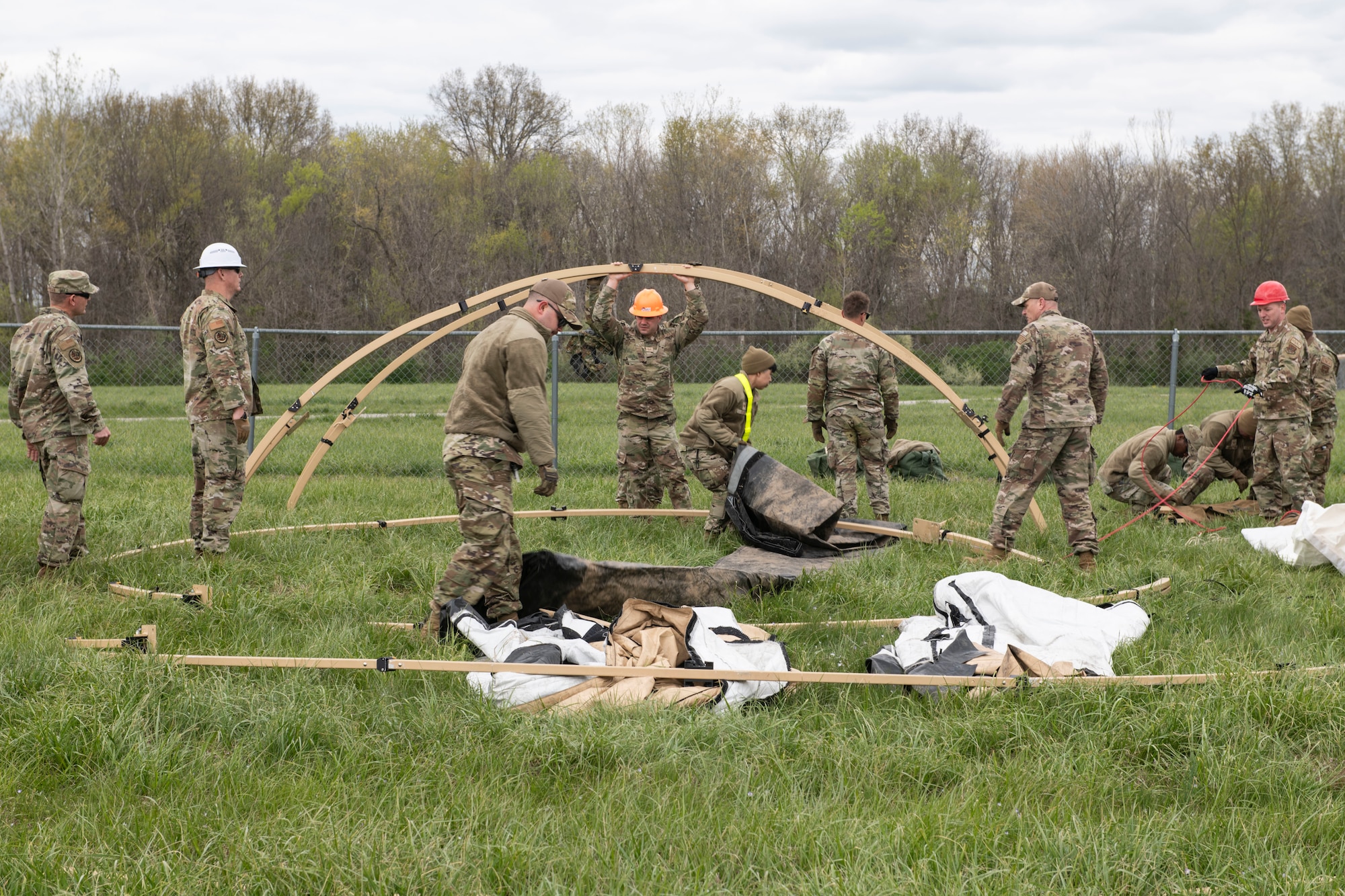 Citizen Airmen of the 932nd Airlift Wing exercise their wartime readiness skills during phase 2 of the Spartan Reserve exercise on April 5th, 2024 at Sparta Training Area, Illinois. The Spartan Phase II exercise aims to prepare airmen for complexities of modern warfare through recreating the challenges in a deployed environment. (U.S. Air Force photo by Staff Sgt. Brooke Spenner)