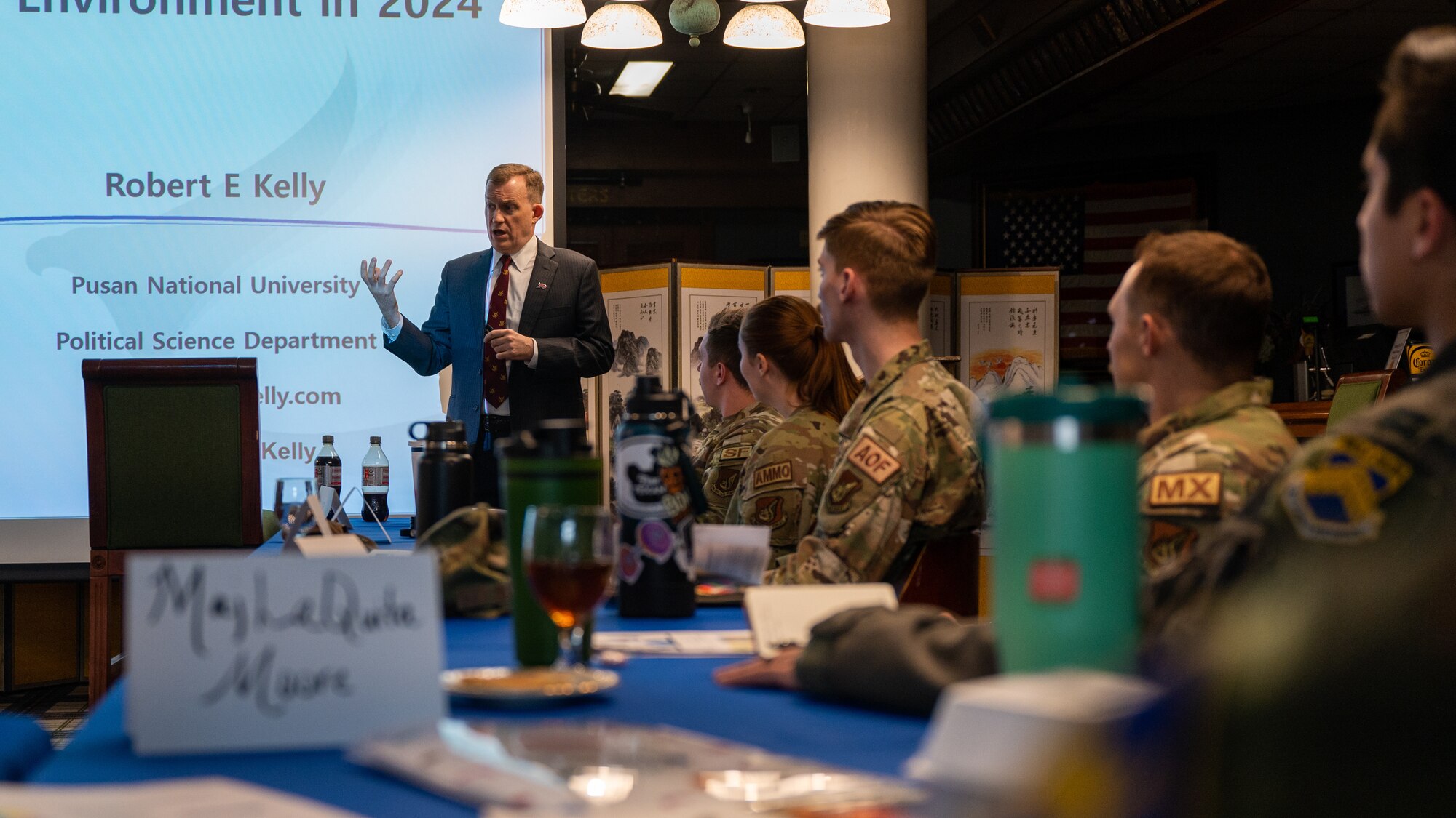Dr. Robert Kelly briefs a Flight Commander Course about Korean and East Asian politics and culture.