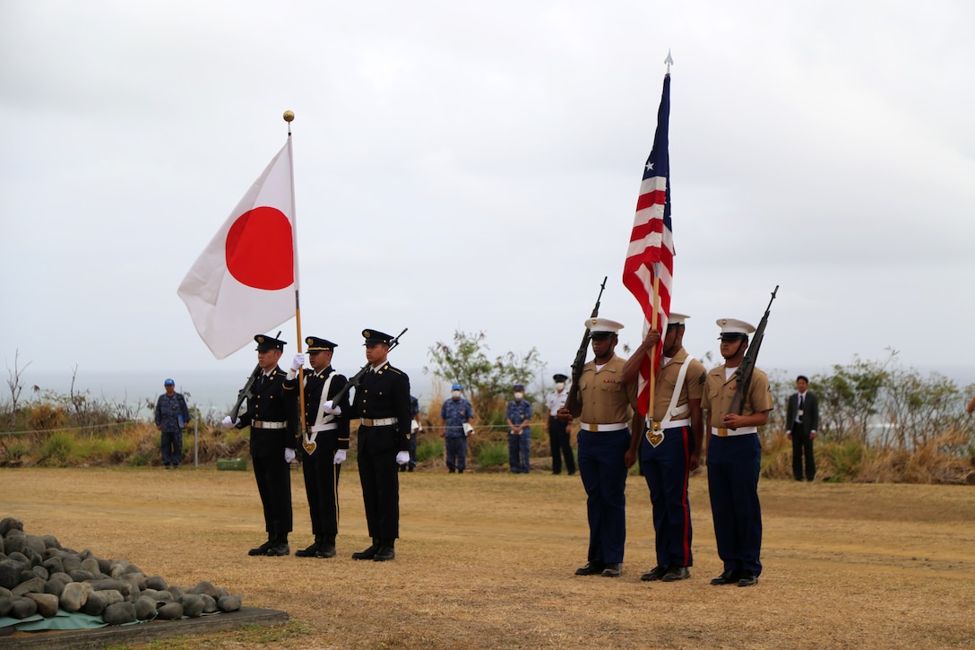 On March 30, 2024, US Marines, Sailors, Japanese government officials, Japan Self-Defense Force servicemembers, and distinguished guests attended the Reunion of Honor Ceremony in Iwo To, Japan. On the monument, it says, "40th anniversary of the battle of Iwo Jima, American and Japanese veterans met again on these same sands. This time in peace and friendship". The 79th annual Reunion of Honor ceremony commemorates the veterans who fought for their representative countries and made the ultimate sacrifices on this hallowed ground; their battle has inspired future generations to value and maintain peace, security, and stability in the Indo-Pacific region and beyond.
