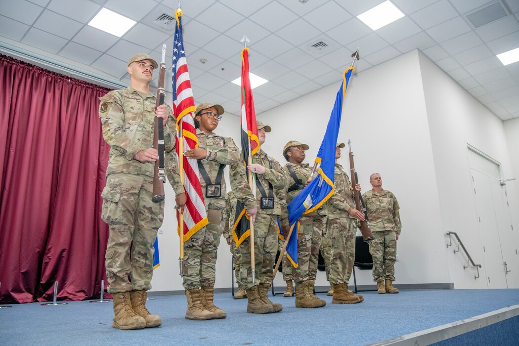 Members of the 380th Air Expeditionary Wing color guard present the colors during a combined change of command and change of responsibility ceremony at an undisclosed location within the U.S. Central Command area of responsibility, April 1, 2024.