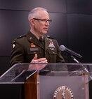 Newly promoted U.S. Army Brig. Gen. Michael Eastridge, of Plymouth, Michigan, Deputy Assistant Adjutant General, Illinois Army National Guard, thanks family and friends for their support throughout his 35-year career during a promotion ceremony April 6 at the Illinois Military Academy, Camp Lincoln, Springfield, Illinois.