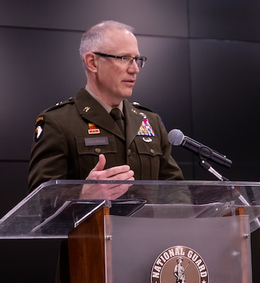 Newly promoted U.S. Army Brig. Gen. Michael Eastridge, of Plymouth, Michigan, Deputy Assistant Adjutant General, Illinois Army National Guard, thanks family and friends for their support throughout his 35-year career during a promotion ceremony April 6 at the Illinois Military Academy, Camp Lincoln, Springfield, Illinois.