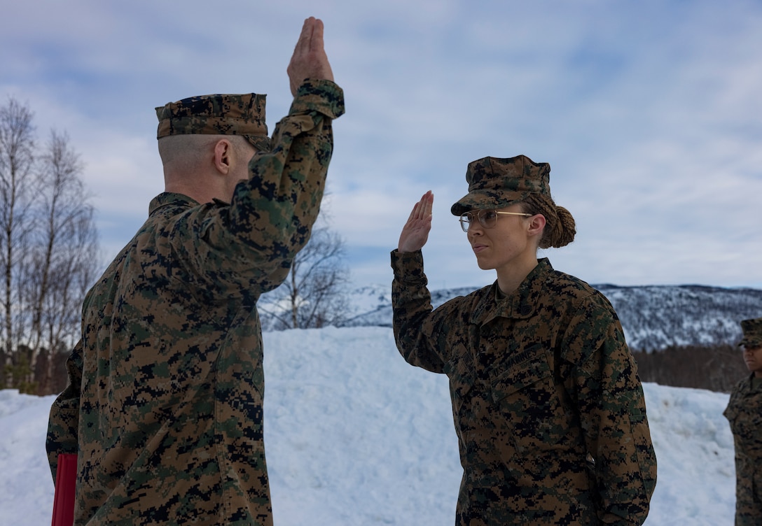 Duncan reenlisted under the subsequent term alignment program and is one of the many Marines with the 2nd MAW who reenlisted while in Norway for Exercise Nordic Response 24. Exercise Nordic Response, formerly known as Cold Response, is a NATO training event conducted every two years to promote military competency in arctic environments and to foster interoperability between the U.S. Marine Corps and allied nations. (U.S. Marine Corps photo by Lance Cpl. Orlanys Diaz Figueroa)