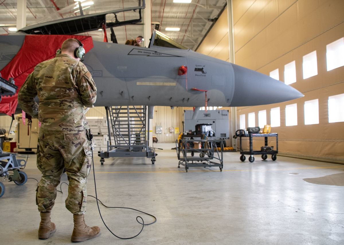 Staff Sgt. Colby Ballou, 104th Maintenance Group flightline avionics technician, performs aircraft operational checkouts on an F-15 Eagle, February 29, 2024, at Barnes Air National Guard Base, Massachusetts. Ballou is one of 21 Airmen from the 104th Fighter Wing selected for the Wing's core cadre program which sends Airmen to active duty F-35 bases for two years to train and learn the aircraft in preparation for the 104FW's conversion.  (U.S. Air National Guard photo by Tech. Sgt. Sara Kolinski)