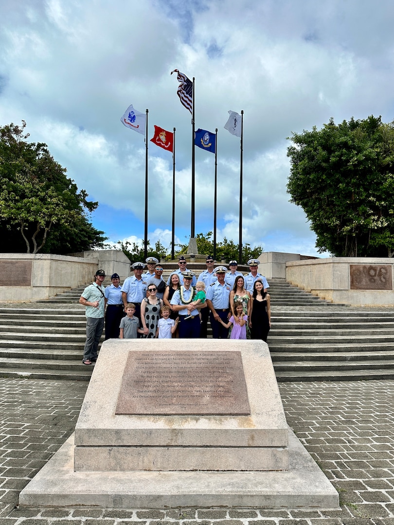 Lt. Justin Miller, commanding officer of Marine Safety Unit Saipan, stands with U.S. Coast Guard members, friends, and family at a ceremony to formally establish MSU Saipan in Garapan at the American Memorial Park on April 5, 2024. This significant achievement marks a milestone in leadership evolution and responsibility expansion within the U.S. Coast Guard, reflecting steadfast commitment to serving the people of Saipan and the Commonwealth of the Northern Marianas Islands (CNMI) with unparalleled dedication and excellence. The change is part of an initiative to provide junior officers with increased command opportunities, fostering professional growth and leadership development within the ranks. Eighteen marine safety detachments are converting to marine safety units. (U.S. Coast Guard photo by Chief Warrant Officer Sara Muir)