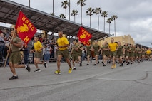 New U.S. Marines with Hotel Company, 2nd Recruit Training Battalion, conduct their motivational run at Marine Corps Recruit Depot San Diego, California, April 4, 2024. The motivational run is the last physical training exercise Marines conduct while at MCRDSD. (U.S. Marine Corps photo by Cpl. Sarah M. Grawcock)
