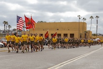 U.S. Marines with Recruit Training Regiment, lead a motivational run for Hotel Company, 2nd Recruit Training Battalion, at Marine Corps Recruit Depot San Diego, California, April 4, 2024. The motivational run is the last physical training exercise Marines conduct while at MCRDSD. (U.S. Marine Corps photo by Cpl. Sarah M. Grawcock)