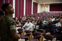 Educators with Recruiting Stations’ Albuquerque, Denver, Houston, and Salt Lake City listen to the panel of new Marines and their experiences as part of the 2024 Educator’s Workshop, April 4, 2024 at Marine Corps Recruit Depot San Diego, California. Participants of the workshop visit MCRD San Diego to observe recruit training and gain a better understanding about the transformation from recruits to United States Marines. Educators also received classes and briefs on the benefits that are provided to service members serving in the United States armed services. (U.S. Marine Corps photo by Sgt. Trey Q. Michael)