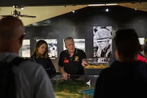Retired Lt. Col. Len Howard, a docent at the command museum, gives educators with Recruiting Stations’ Albuquerque, Denver, Houston, and Salt Lake City a Marine Corps history lesson as part of the 2024 Educator’s Workshop, April 4, 2024 at Marine Corps Recruit Depot San Diego, California. Participants of the workshop visit MCRD San Diego to observe recruit training and gain a better understanding about the transformation from recruits to United States Marines. Educators also received classes and briefs on the benefits that are provided to service members serving in the United States armed services. (U.S. Marine Corps photo by Sgt. Trey Q. Michael)