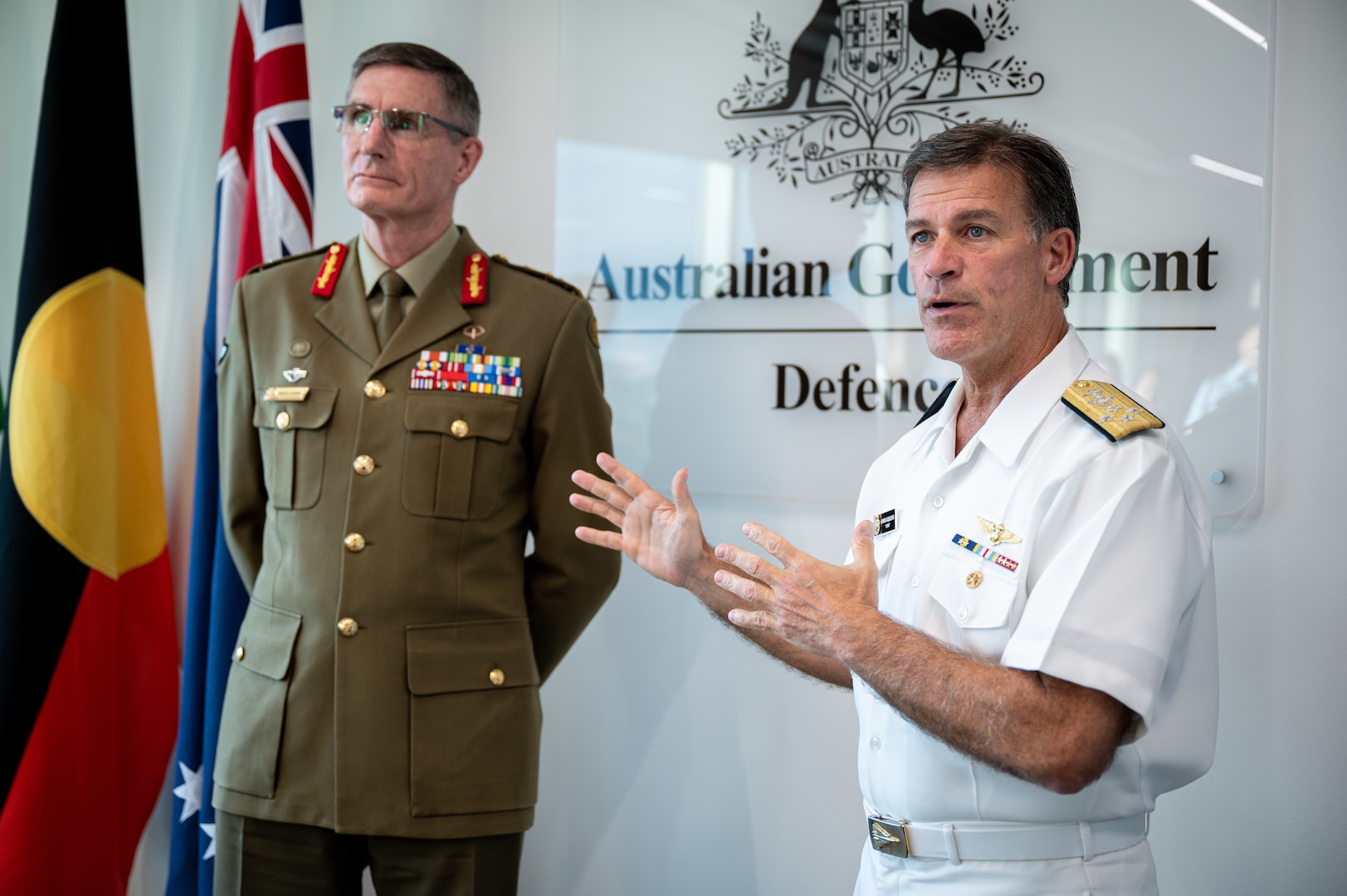 Adm. John C. Aquilino, Commander of U.S. Indo-Pacific Command, joins Gen. Angus Campbell, Australia Chief of the Defence Force, at a ceremony to present Campbell with the Legion of Merit in Canberra, Australia, on April 8, 2024. The Legion of Merit is the highest accolade that the U.S. can bestow upon a foreign leader; it is reserved for individuals who have shown exceptionally meritorious conduct in the performance of outstanding services. USINDOPACOM is committed to enhancing stability in the Indo-Pacific region by promoting security cooperation, encouraging peaceful development, responding to contingencies, deterring aggression and, when necessary, fighting to win. (U.S. Navy photo by Chief Mass Communication Specialist Shannon M. Smith)