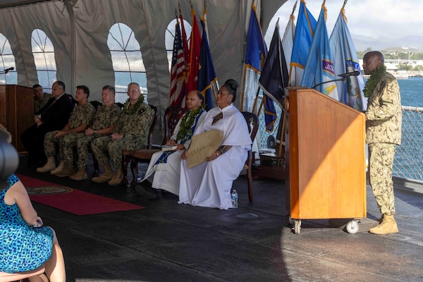 Rear Adm. Steve Barnett, commander, Navy Closure Task Force - Red Hill (NCTF-RH), gives a speech to attendees of the transfer of authority ceremony for the Red Hill Bulk Fuel Storage Facility (RHBFSF), on the Battleship Missouri Memorial in Pearl Harbor, March 28, 2024. During the ceremony NCTF-RH assumed responsibility for the RHBFSF from Joint Task Force-Red Hill. NCTF-RH will work with all government agencies and community stakeholders to safely and deliberately close the RHBFSF underground storage tanks and associated piping system, conduct long-term environmental remediation, and ensure continued access to safe drinking water in compliance with all Federal, State, and local laws, policies, and regulations. (U.S. Navy photo by Mass Communication Specialist 1st Class Luke McCall)