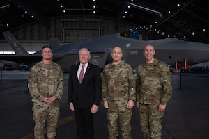 Secretary of the Air Force Frank Kendall and U.S. Air Force Chief of Staff Gen. David Allvin pose with Col. Paul Townsend, 354th Fighter Wing commander, and Chief Master Sgt. Sean Milligan, 354th FW command chief, at Eielson Air Force, Alaska, April 6, 2024. They visited the base to demonstrate their appreciation of Airmen and Guardians serving outside the continental U.S. and reassure Allies and Partners of the continued commitment to the region. Eielson’s unique posture in the Arctic provides strategic airpower projection to Combatant Commanders into the Arctic and the Indo-Pacific. (U.S. Air Force photo by Airman Spencer Hanson)