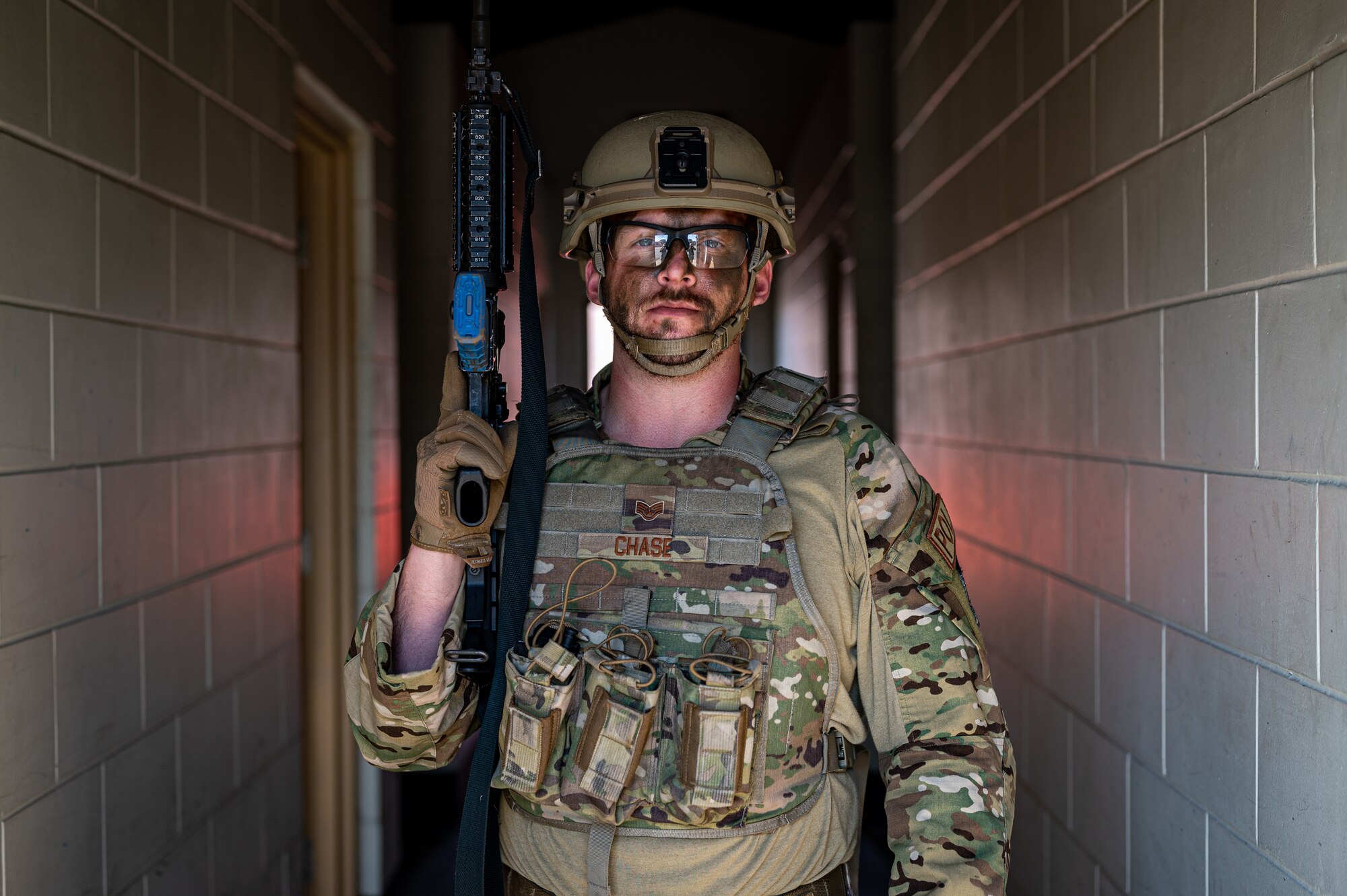 U.S. Air Force Staff Sgt. Chandler Chase, 51st Logistics Readiness Squadron fuels supervisor, poses for a portrait during a Combat Readiness Course at Osan Air Base, Republic of Korea, March 14, 2024. The CRC trains 51st Fighter Wing Airmen on base defense procedures, preparing them to tackle any challenge and deter any adversary during contingency operations. Throughout the course, Chase was trained on diverse base defense tactics like weapon safety and manipulation, tactical casualty combat care, mounted and dismounted operations, close quarters combat and more. (U.S. Air Force photo by Staff Sgt. Thomas Sjoberg)