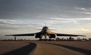 A B-1B Lancer assigned to Dyess Air Force Base, Texas, sits on the flightline during Bomber Task Force 24-2 at Morón Air Base, Spain, April 2, 2024. BTF Europe provides U.S. and NATO leaders with strategic options to assure, deter and defend against adversary aggression against the Alliance, throughout Europe, and across the globe. (U.S. Air Force photo by Staff Sgt. Holly Cook)