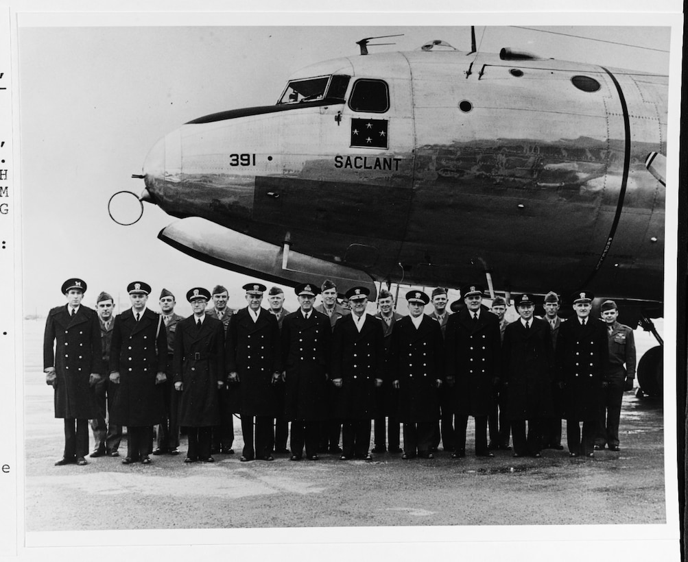 The first SACLANT, ADM Lynde D. McCormick, USN, and his staff, in Newfoundland on 18 March 1952.