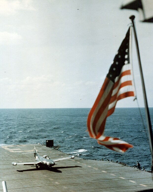 A Grumman F9F Panther lands aboard USS Leyte (CV-32) in January 1951.
