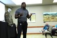 Rashan Legard, a survivor advocate, shares remarks during a Sexual Assault Awareness and Prevention Month summit at the Army Heritage and Education Center in Carlisle, Pennsylvania, April 5, 2024. The goal of the event is to spread awareness about, and build a coalition to prevent, sexual violence in the military and civilian communities. (U.S. Army National Guard photo by Spc. Aliyah Vivier)