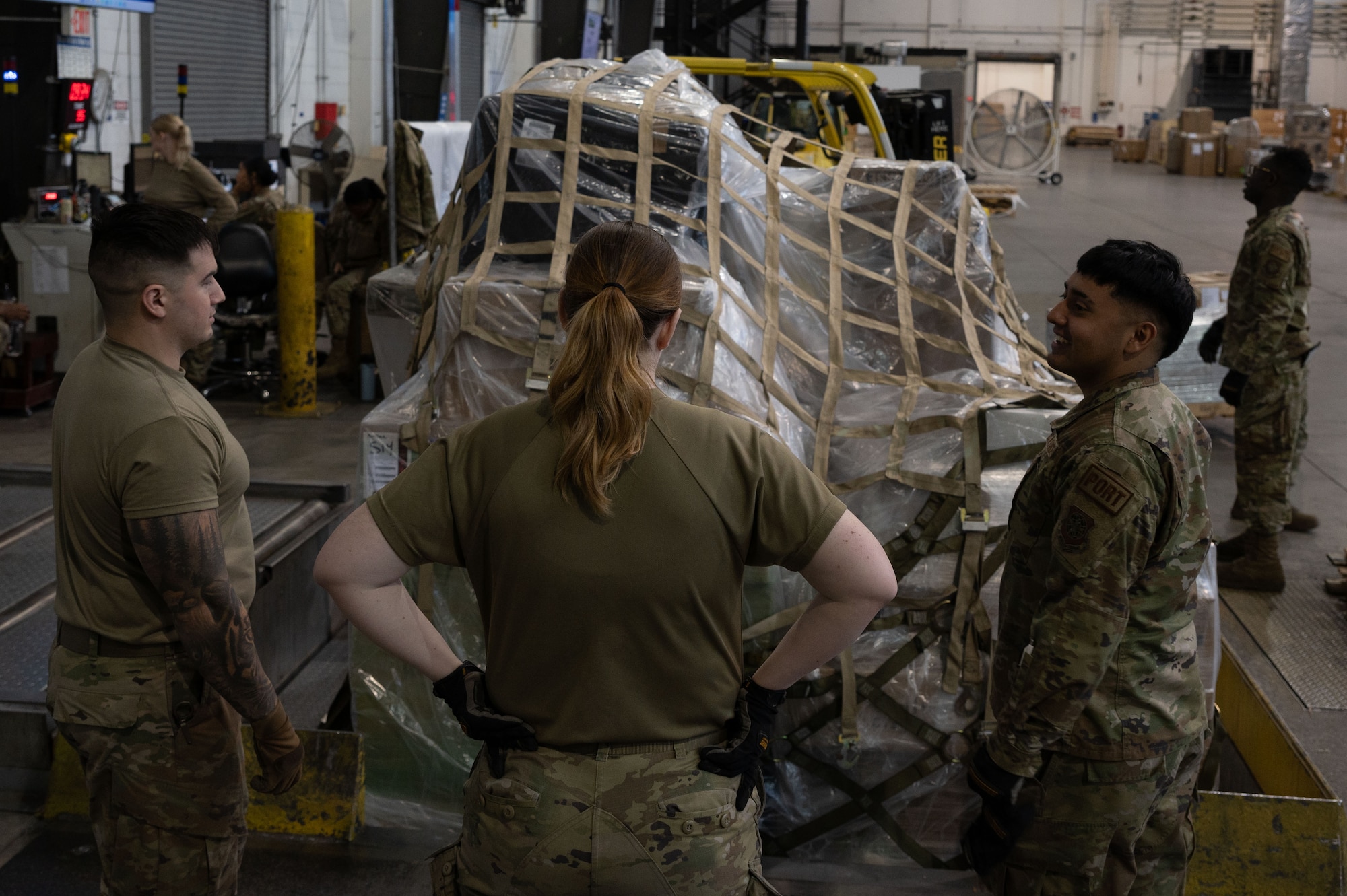 436th Aerial Port Squadron Airmen assess a pallet at Dover Air Force Base, Delaware, April 4, 2024. The 436th APS, known as Dover AFB’s “Super Port,” has played a pivotal role in the base’s ongoing mission of rapid global mobility. (U.S. Air Force photo by Airman 1st Class Dieondiere Jefferies)