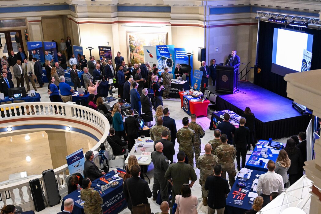Airmen from Altus Air Force Base, Oklahoma, join the crowd at the Oklahoma State Capitol for AERO Oklahoma, April 3, 2024. AERO Oklahoma is an annual event recognizing the state’s aviation, aerospace, and defense industry. (U.S. Air Force photo by Airman 1st Class Jonah G. Bliss)