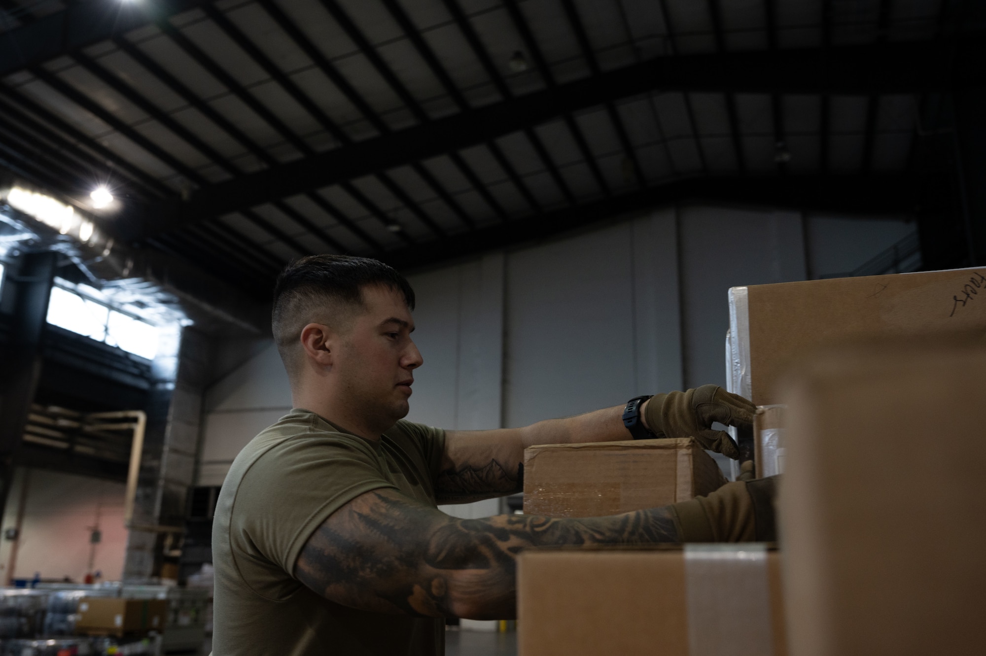 U.S. Air Force Senior Airman Jesus Hernandez, 436th Aerial Port Squadron cargo processing specialist, loads a pallet at Dover Air Force Base, Delaware, April 4, 2024. The 436th APS, known as Dover AFB’s “Super Port,” has played a pivotal role in the base’s ongoing mission of rapid global mobility. (U.S. Air Force photo by Airman 1st Class Dieondiere Jefferies)