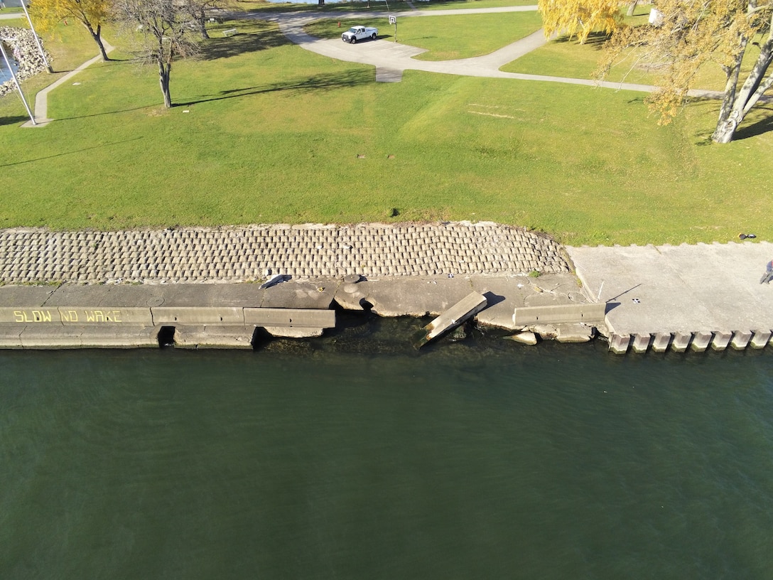 Piers line a navigation channel connecting Erie Harbor to Lake Erie.