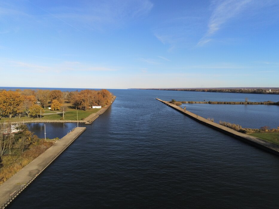 Piers line a navigation channel connecting Erie Harbor to Lake Erie.