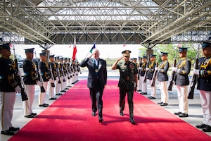 Secretary of the Air Force Frank Kendall and General Romeo Brawner, Chief of Staff Armed Forces Philippines, walk together during a reception ceremony in Manila on April 5, 2024. Kendall was joined by Air Force Chief of Staff Gen. David Allvin and Chief Master Sgt. of the Air Force David Flosi to meet with Philippine Military and Security partners during a trip to the Indo-pacific region. (U.S. Department of State photo by Maika Gladys Torres)