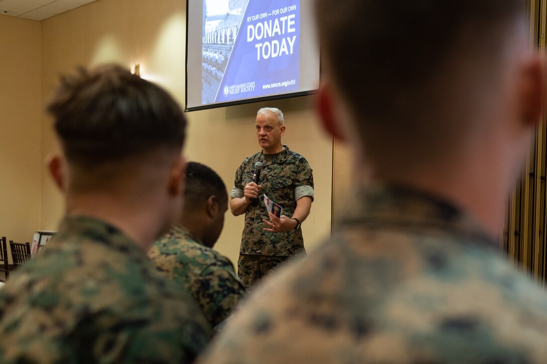 U.S. Marine Corps Maj. Gen. Robert C. Fulford, the deputy commanding general for I Marine Expeditionary Force, speaks to Marines and Sailors with I MEF during the launch of the 2024 Navy-Marine Corps Relief Society’s Active Duty Fund Drive at the Pacific Views Event Center on Marine Corps Base Camp Pendleton, California, April 8, 2024. The ADFD in support of the NMCRS, increases awareness, education and the availability of the program and the services they provide. (U.S. Marine Corps photo by Sgt. Bryant Rodriguez)