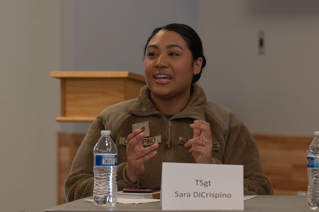 U.S. Air Force Technical Sgt. Sara DiCrispino, F-16 Maintenance Management noncommissioned officer in charge, 354th Maintenance Group talks about her experience at the women’s panel lunch and learn event
